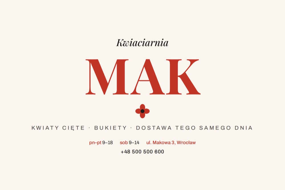 Projekt wizytówki dla kwiaciarni: układ pokazowy z logo, godzinami otwarcia i telefonem