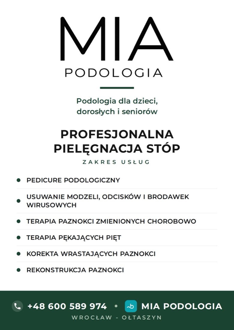 Projekt ulotki A6 dla gabinetu podologicznego MIA Podologia we Wrocławiu: przód z zakresem usług