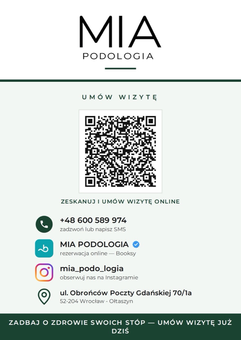 Ulotka A6 MIA Podologia: tył z kodem QR do rezerwacji online, telefonem i adresem