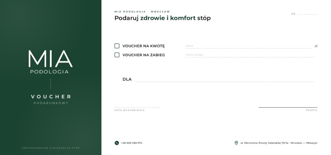 Projekt vouchera podarunkowego DL dla gabinetu MIA Podologia: przód z polami na kwotę, zabieg i podpis
