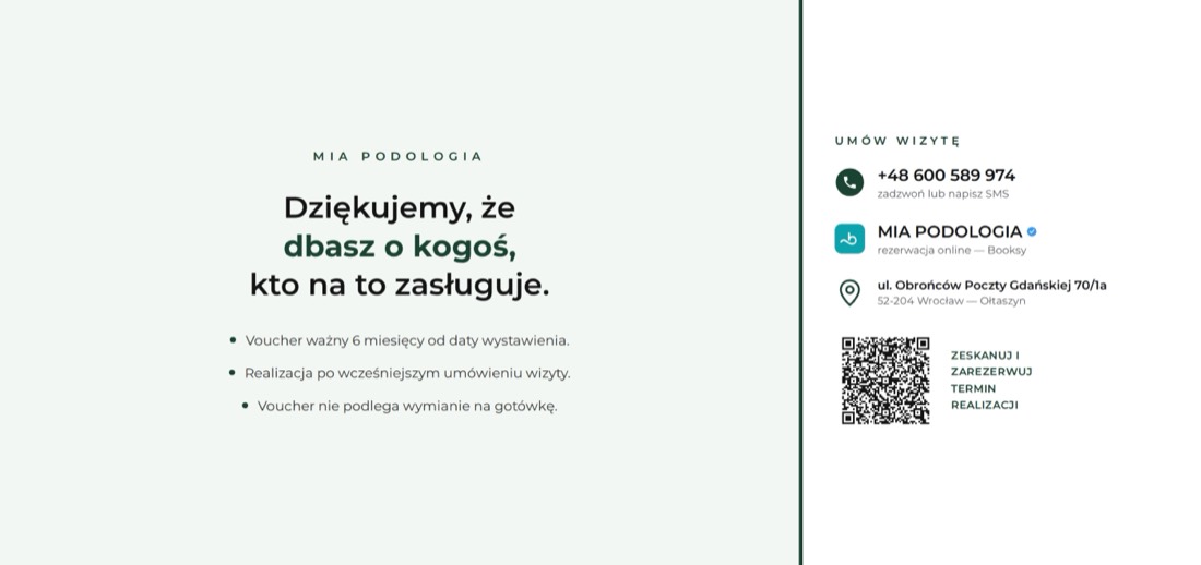 Voucher podarunkowy MIA Podologia: tył z regulaminem, kontaktem i kodem QR do rezerwacji
